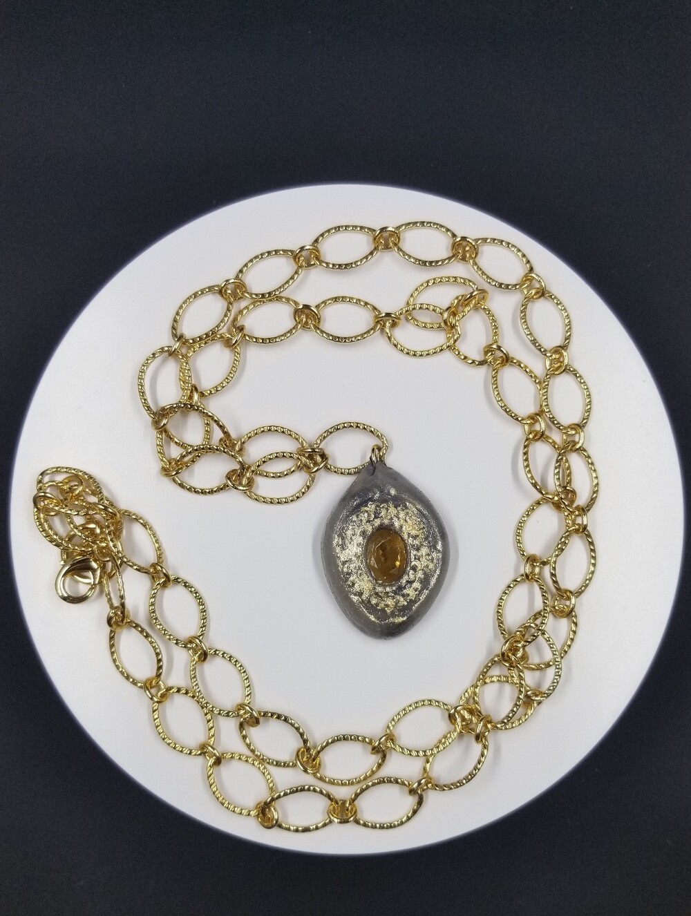 HONEYPOT Handmade Pendant with Amber Gem and Long Gold Chain